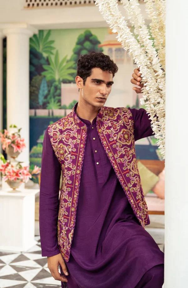 Rangrez Silk Waistcoat with Deep Purple Kurta and Pants By HSY