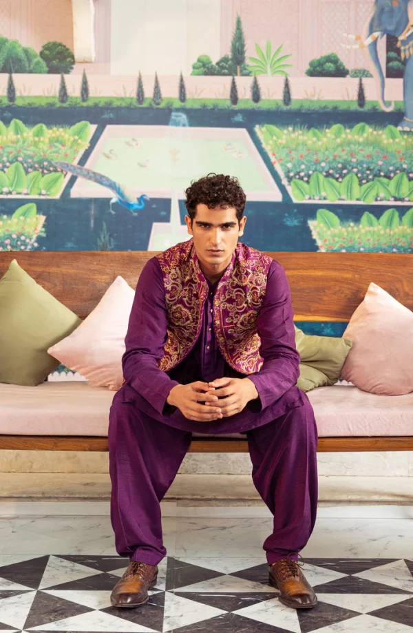 Rangrez Silk Waistcoat with Deep Purple Kurta and Pants By HSY - Image 2