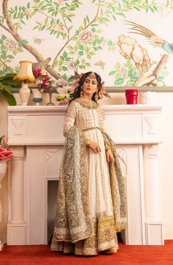 Zeenat Pearl White Pishwas Paired with Organza Dupatta & Chooridar By HSY - Image 4