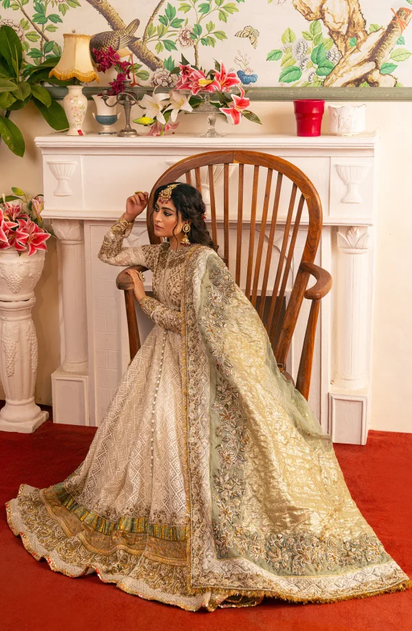 Zeenat Pearl White Pishwas Paired with Organza Dupatta & Chooridar By HSY - Image 7