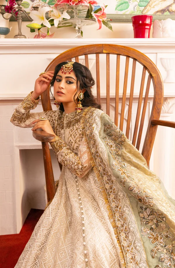Zeenat Pearl White Pishwas Paired with Organza Dupatta & Chooridar By HSY - Image 8