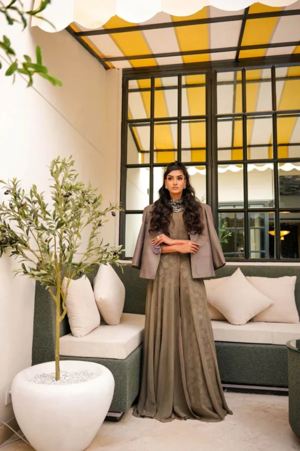 Oyster Cropped Jacket Paired with a Front Open Dress & Bootcut Pants By HSY - Image 4