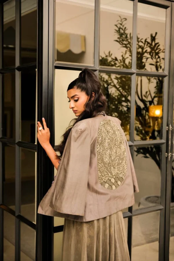 Oyster Cropped Jacket Paired with a Front Open Dress & Bootcut Pants By HSY - Image 2