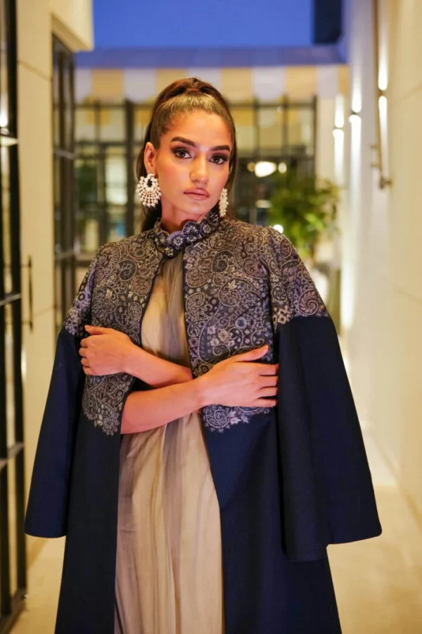 Azure Statement Jacket Paired with a Gown with an Embellished Neckline By HSY - Image 2