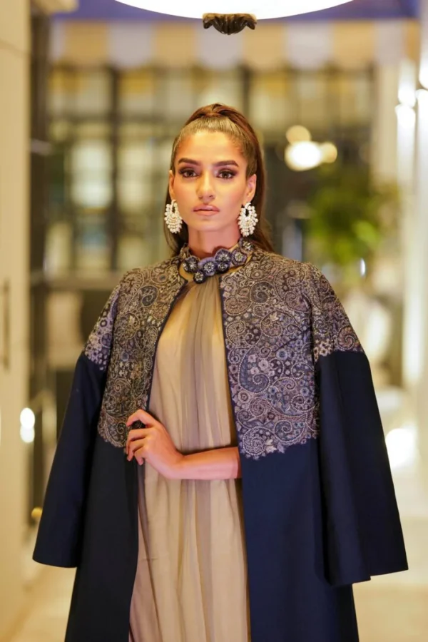 Azure Statement Jacket Paired with a Gown with an Embellished Neckline By HSY - Image 4