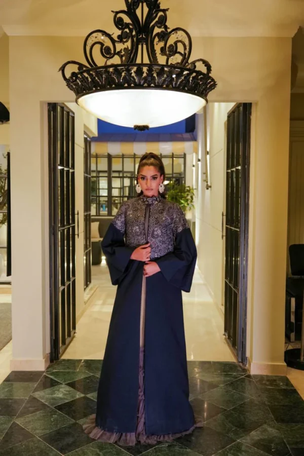 Azure Statement Jacket Paired with a Gown with an Embellished Neckline By HSY