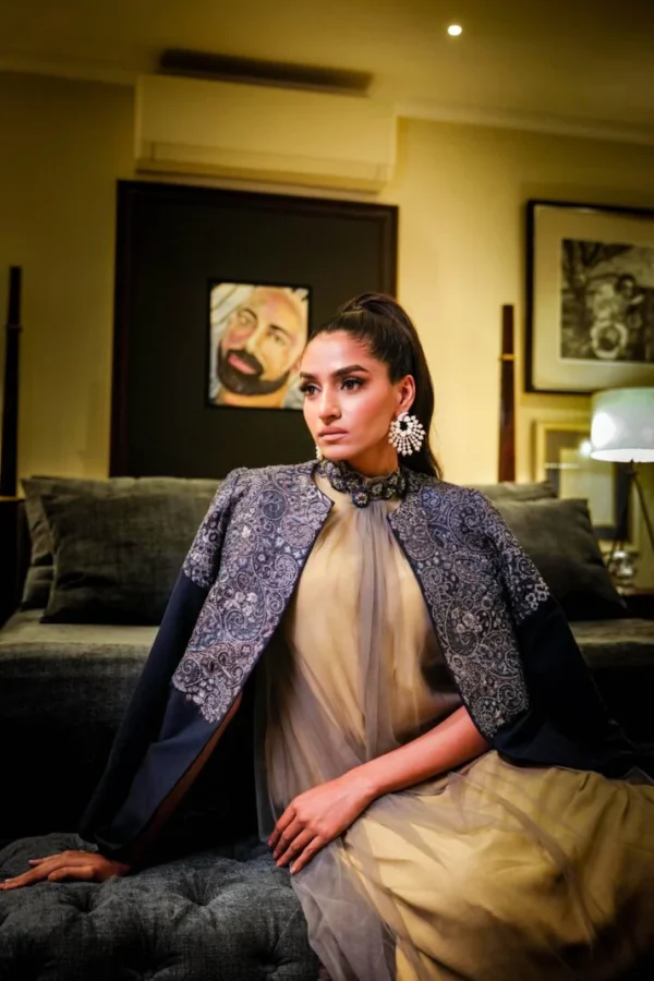 Azure Statement Jacket Paired with a Gown with an Embellished Neckline By HSY - Image 5