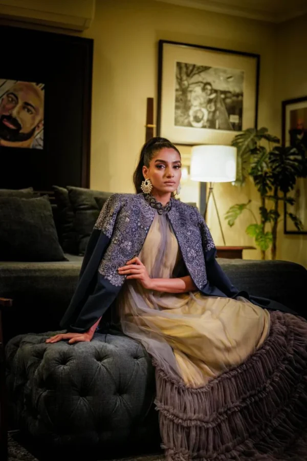 Azure Statement Jacket Paired with a Gown with an Embellished Neckline By HSY - Image 6