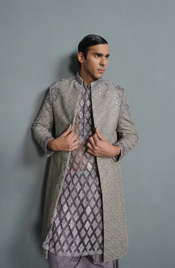 Moonlight Elegant Lilac Silk Sherwani Set By HSY