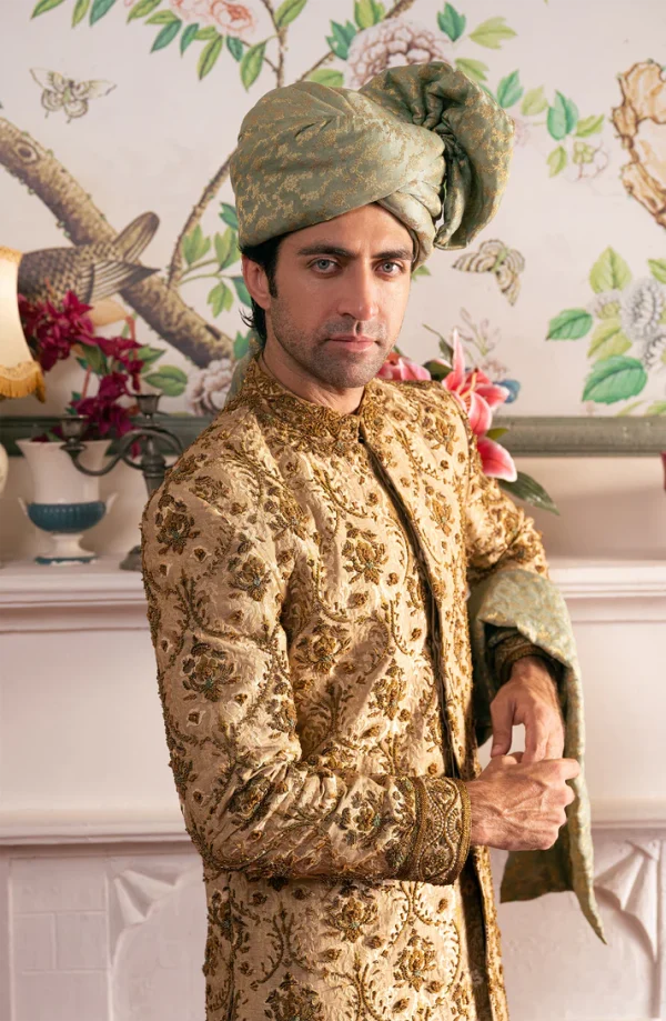Shahjahan Beige Sherwani Silk Kurta Chooridar Pajama & Turban By HSY - Image 2