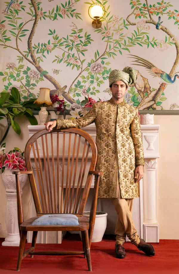 Shahjahan Beige Sherwani Silk Kurta Chooridar Pajama & Turban By HSY - Image 5