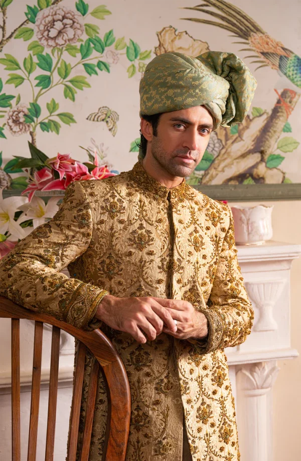 Shahjahan Beige Sherwani Silk Kurta Chooridar Pajama & Turban By HSY