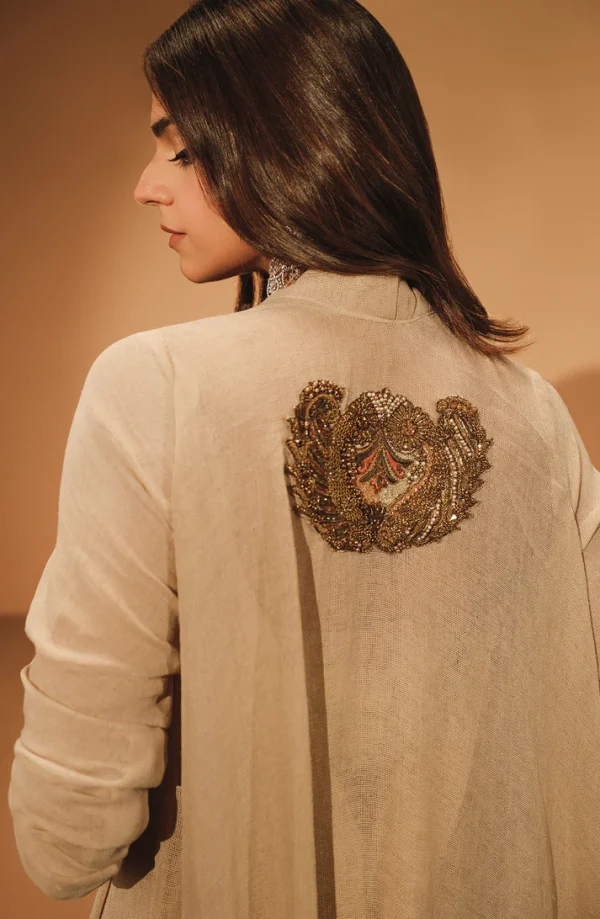 Uraan Beige Gown Layered over a Skirt and Bustier By HSY - Image 7