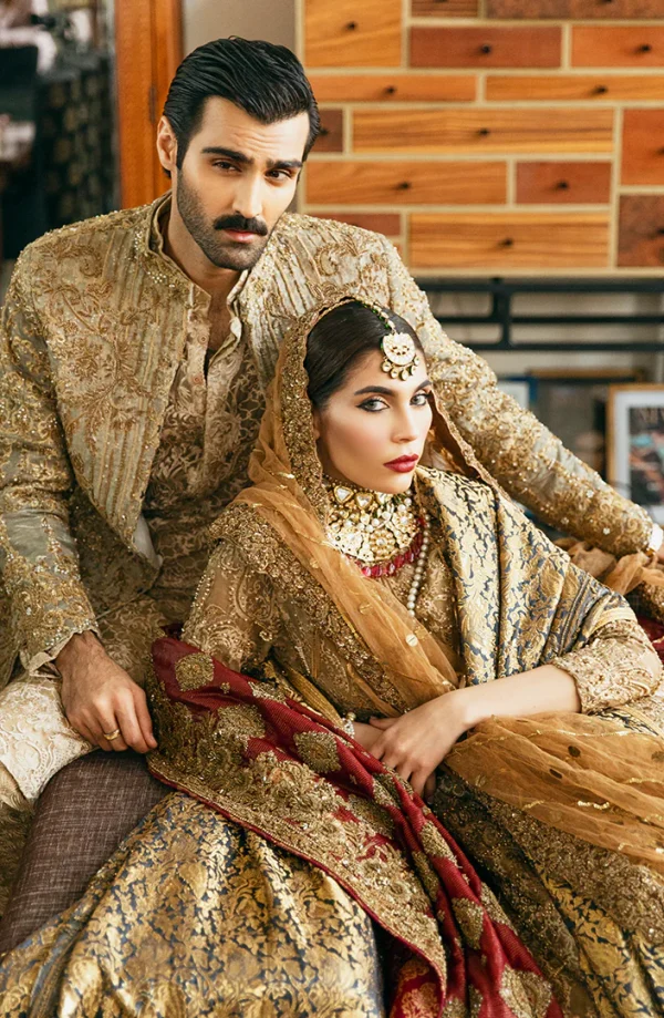 Embroidered Beige Kurta Paired with a fully embellished Gold Sherwani By HSY - Image 3