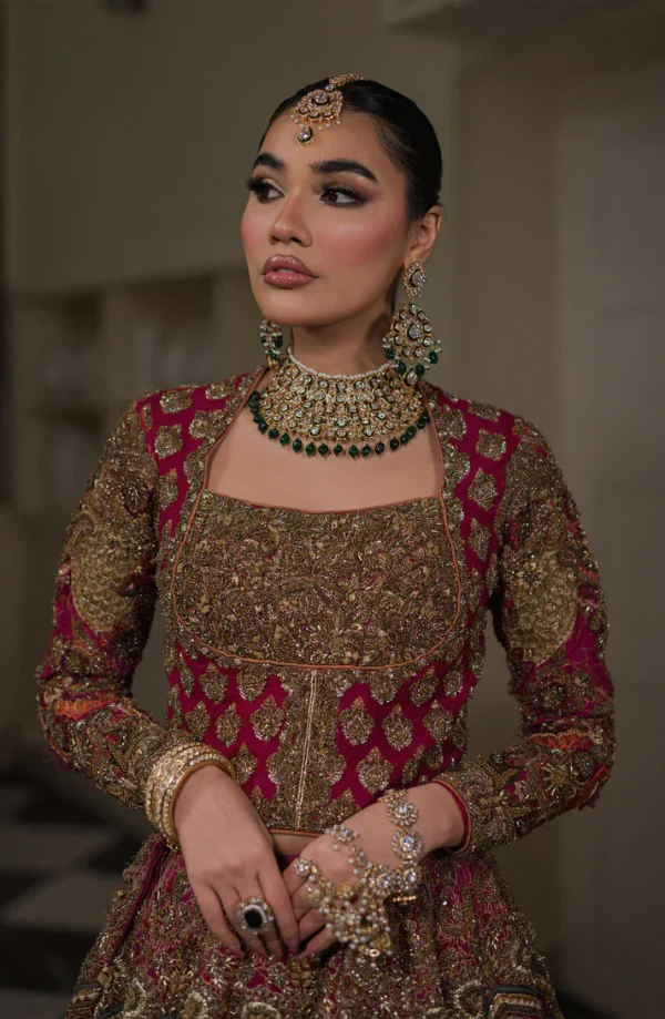 Bridal Fully Embellished Hot Pink Lehenga Choli with a Bordered Dupatta By HSY