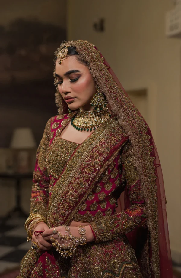 Bridal Fully Embellished Hot Pink Lehenga Choli with a Bordered Dupatta By HSY - Image 3