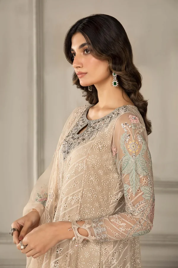 3 Piece Embroidered Organza Suit Sf Ef24 03 Beige - Image 6