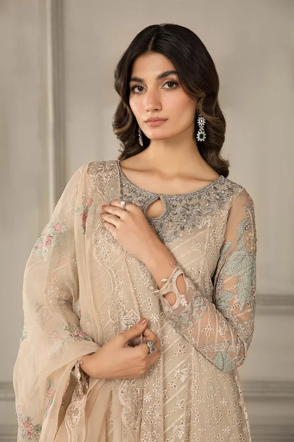 3 Piece Embroidered Organza Suit Sf Ef24 03 Beige - Image 7