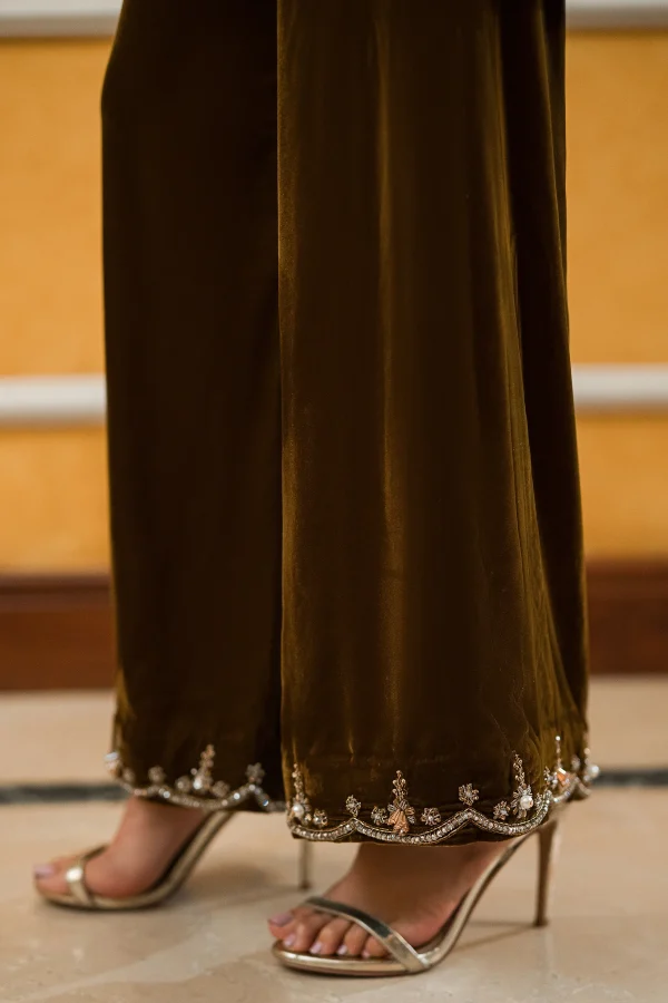 Statement Olive Brown Matching Velvet Separates (d-09-a) By Ammara Khan - Image 3