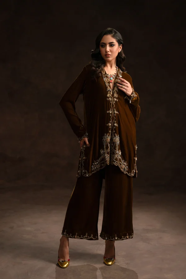Statement Olive Brown Matching Velvet Separates (d-09-a) By Ammara Khan