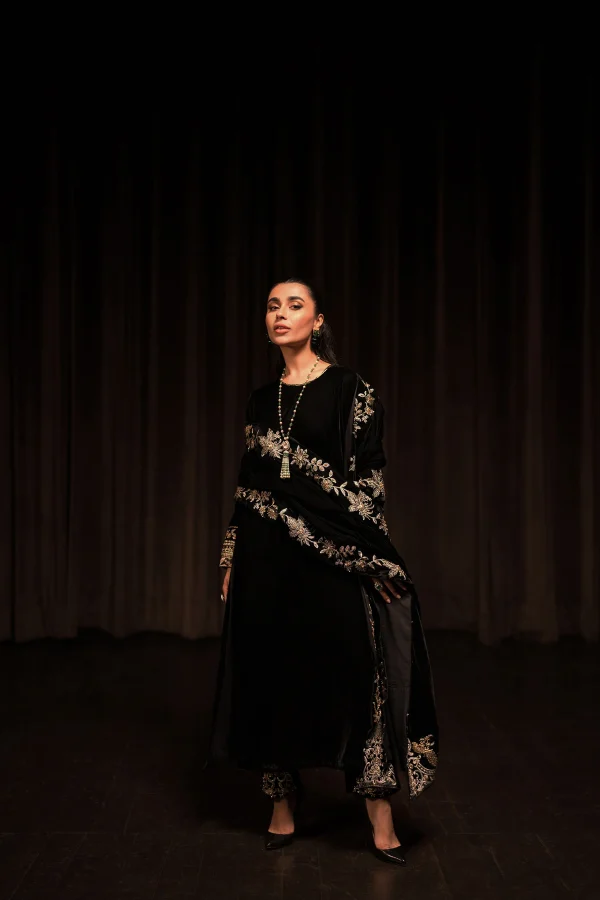 Grand Black Velvet Shawl Set (d-10) By Ammara Khan - Image 4